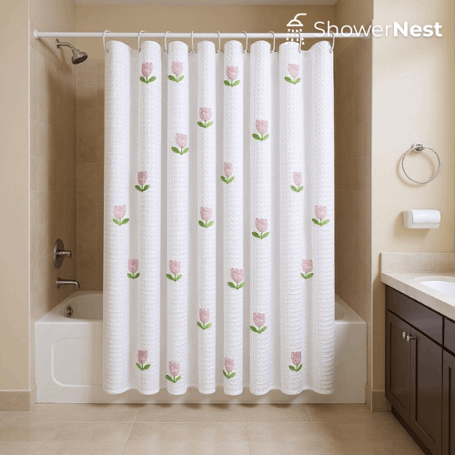 White Shower Curtain – Tulip Flower Design