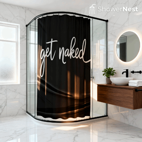 1pc Get_naked_handwritten_on_black_fabric Pattern Shower Curtain Digital Print Polyester Bathroom Curtain No-Hole Punching Durable Polyester Fabric Machine Washable Includes Hooks Easy to Install Perfect for Modern Bathroom D