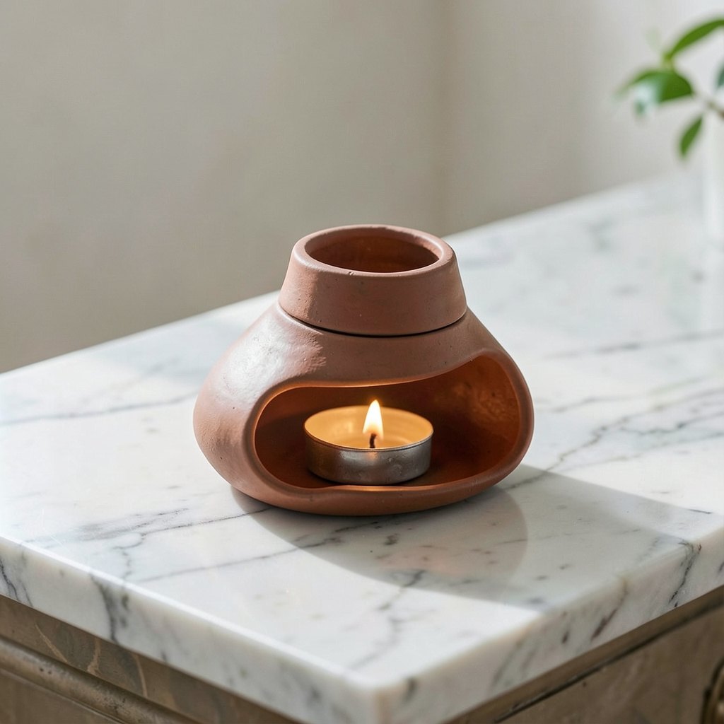 Close-up of the wide open tealight candle chamber inside the handcrafted clay wax melt burner base — ShowerNest Australia