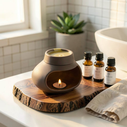 Alt text : Close-up of the wide open tealight candle chamber inside the handcrafted clay wax melt burner base — ShowerNest Australia
