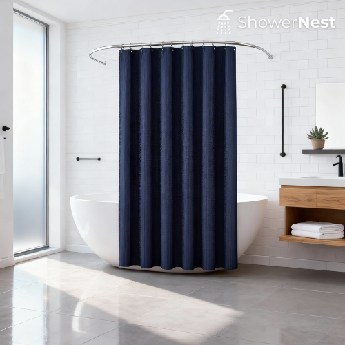 Blue Extra Long Shower Curtain – Waffle Jacquard Design