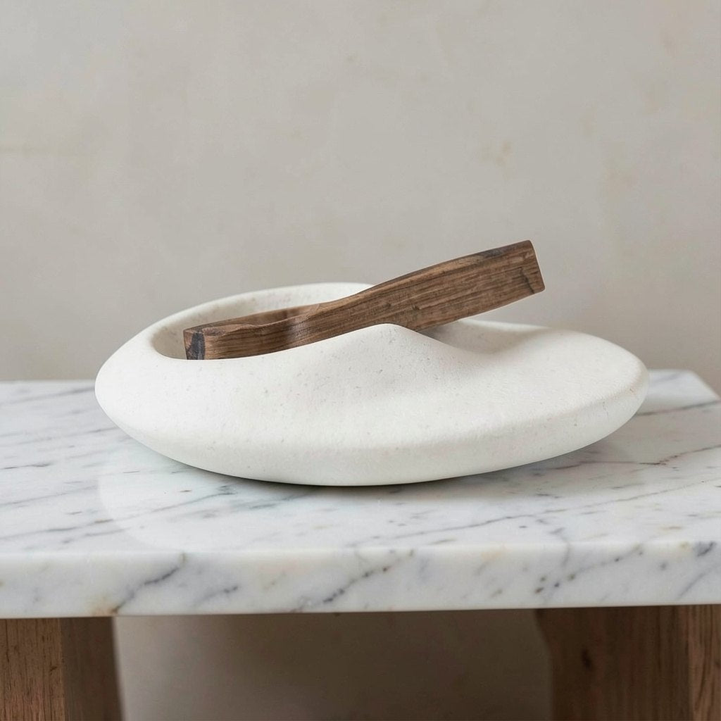 A white ceramic dish with a wavy, organic shape holding a dark brown wooden spoon, set on a white marble table against a neutral beige background.