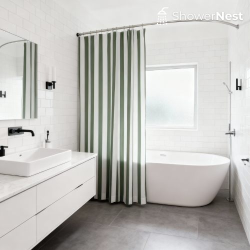 Extra long Green Shower Curtain – Rustic Farmhouse Vertical Stripes