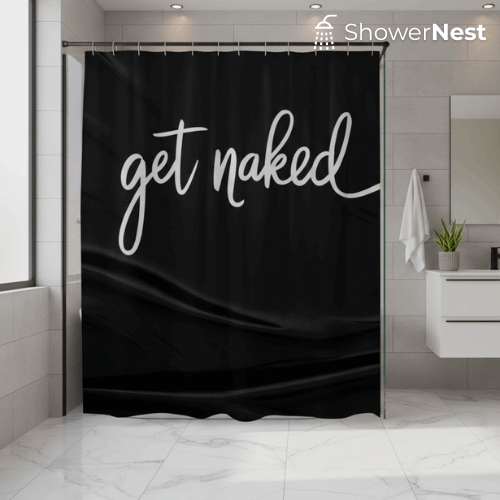 Get_naked_handwritten_on_black_fabric Pattern Shower Curtain