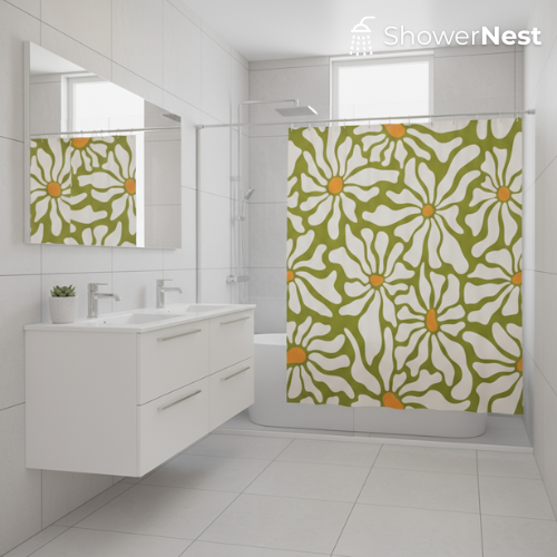 Green Shower Curtain – Olive Daisy Floral