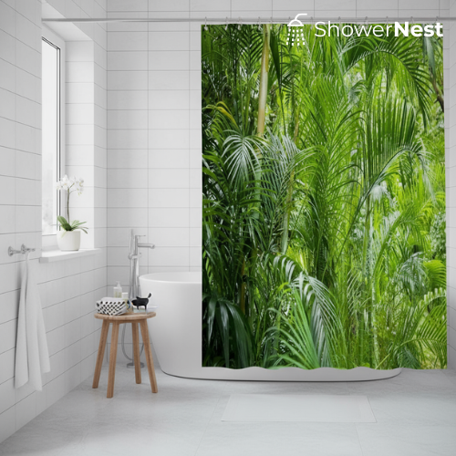 Green Shower Curtain – Tropical Plant Foliage Print