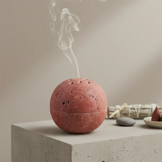 Natural stone incense burner sphere in rosso travertine with incense smoke – ShowerNest Australia
