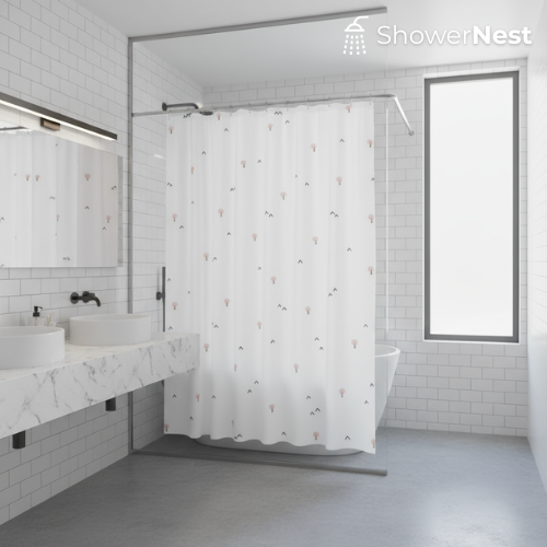 White Shower Curtain – Minimalist Tree & Bird Pattern - Showernest