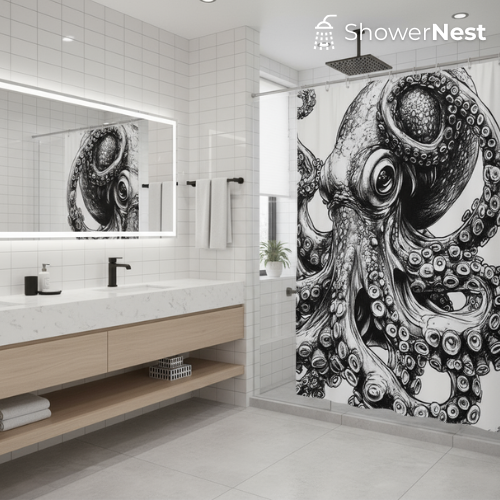White Shower Curtain – Octopus Black & White
