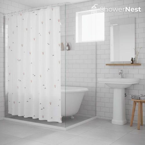 White Shower Curtain – Minimalist Tree & Bird Pattern Waterproof