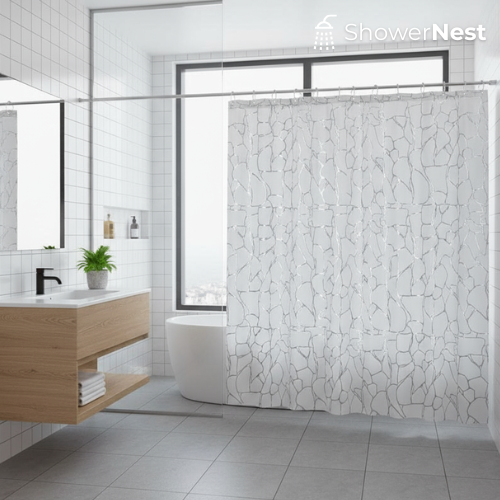 White and Silver Shower Curtain – Geometric Polyester Design | ShowerNest