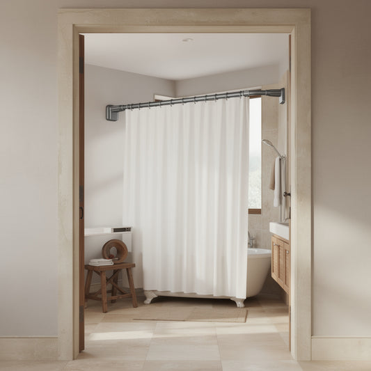 Stainless steel tension shower rod with white curtain