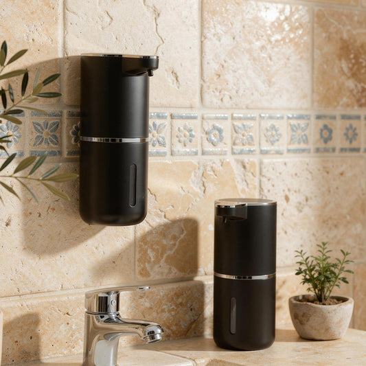 Wall mounted automatic soap dispenser on Mediterranean tiles