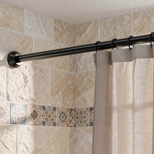 Matte black no drill telescopic shower rod between tiled walls