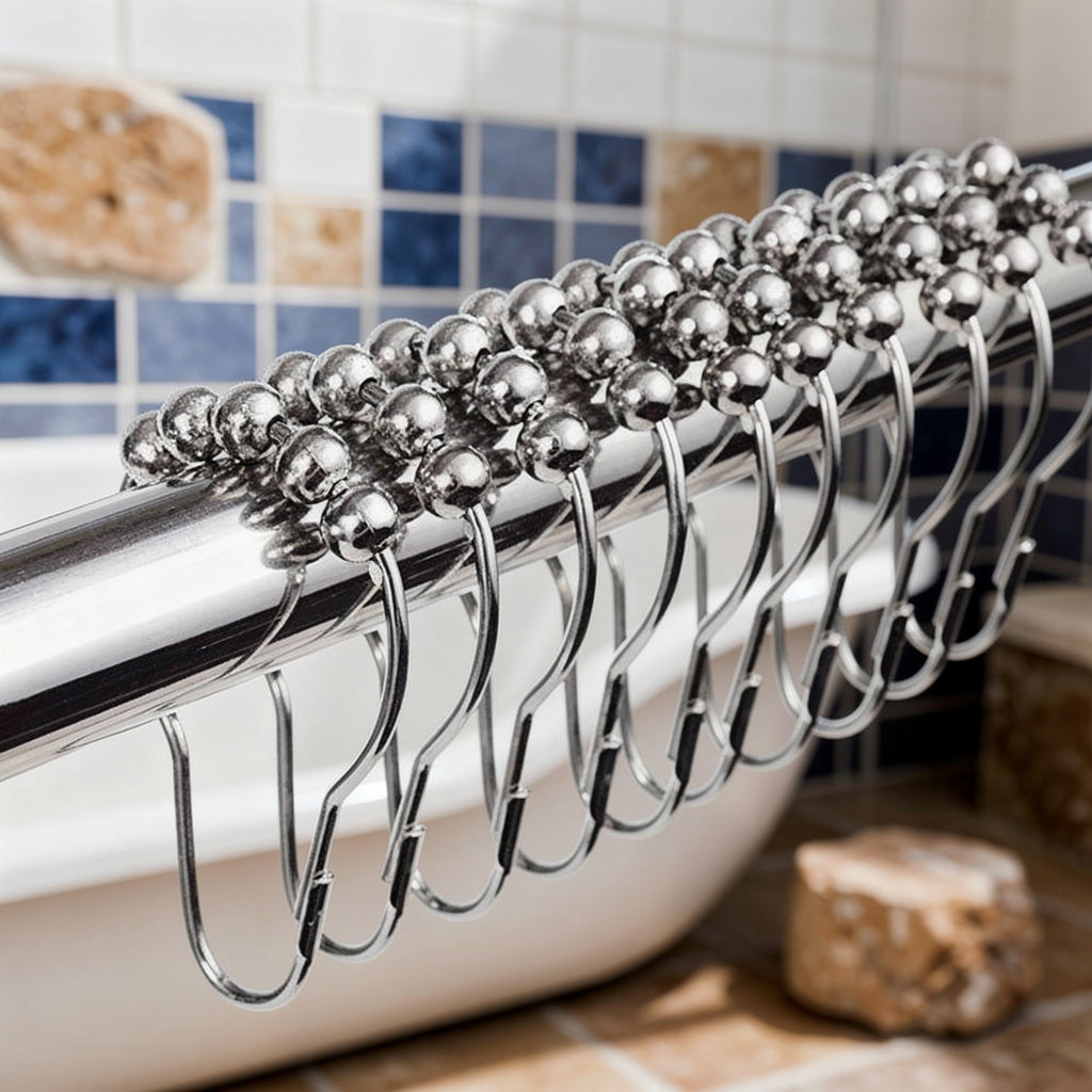 Rustproof roller ball curtain hooks against blue tiles