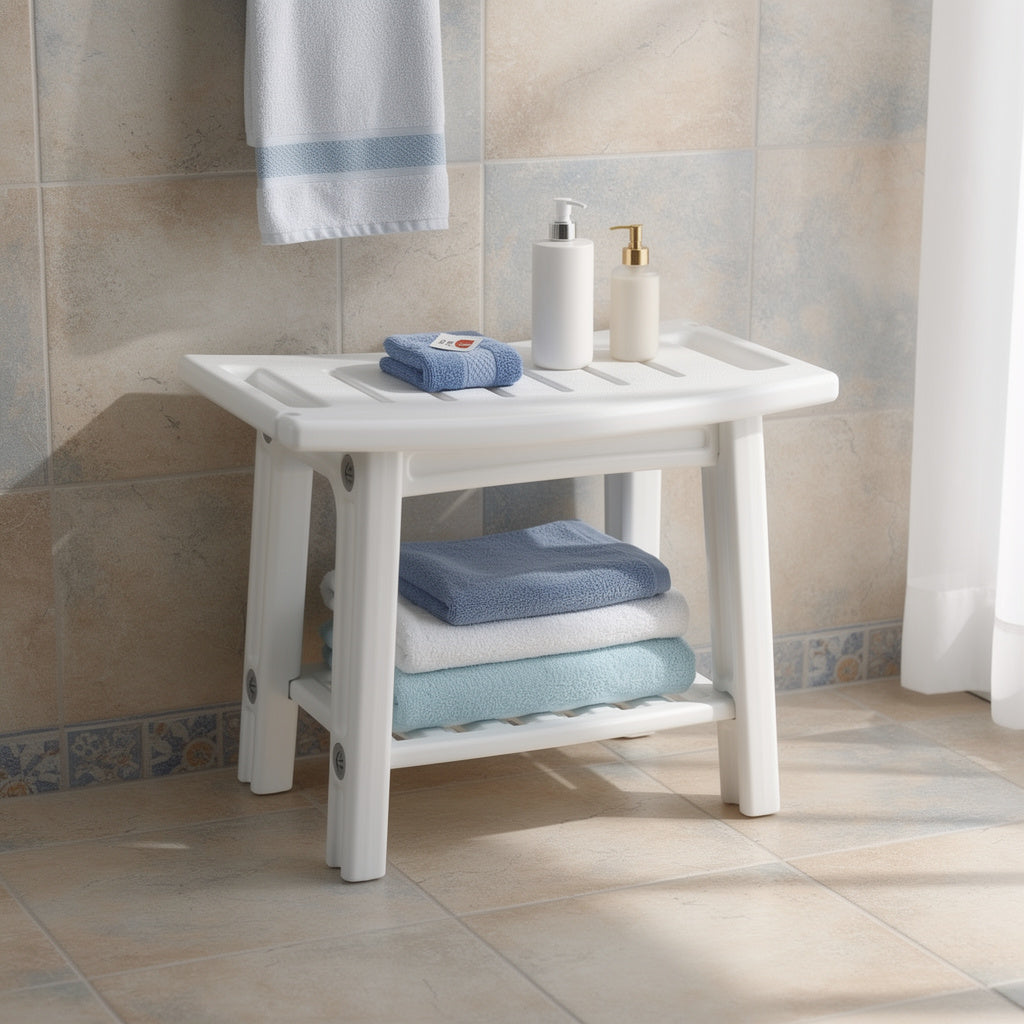 Waterproof bath stool with shelf holding towels and toiletries