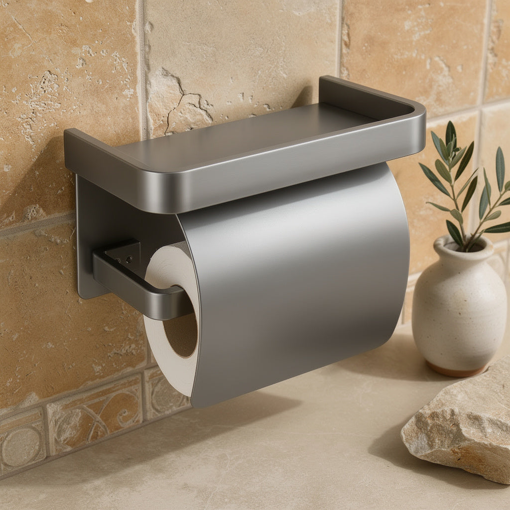 Self adhesive toilet roll holder with rack in a stone bathroom