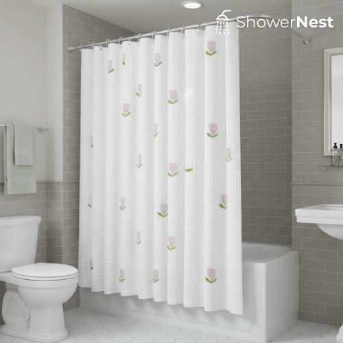 White Shower Curtain – Tulip Flower Design