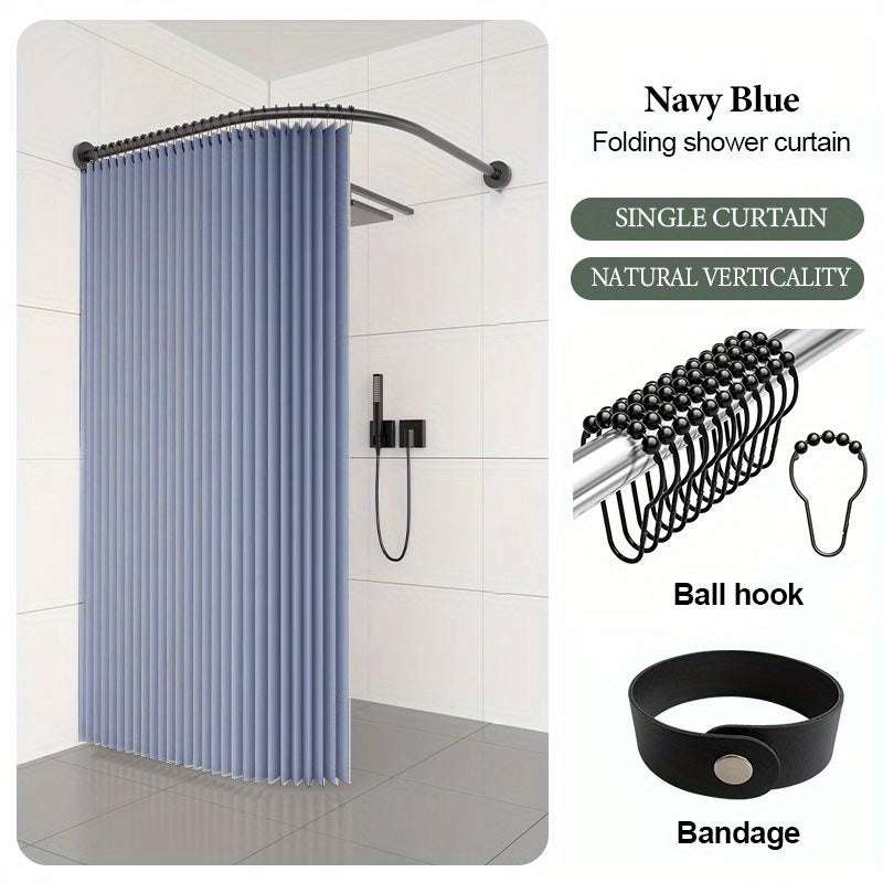 White Shower Curtain - Space-Saving Foldable Bathroom Curtain with Hooks & Storage Straps, Curved Design for Privacy - Easy-Clean Polyester Fabric, Ideal for Small Bathrooms & Contemporary Decor, Minimalist Aesthetic, Highqua
