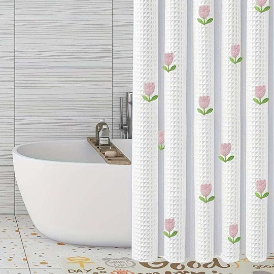 White Shower Curtain – Tulip Flower Design