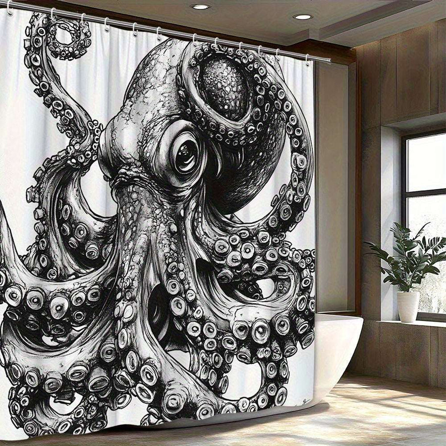 White Shower Curtain – Octopus Black & White Ink Design