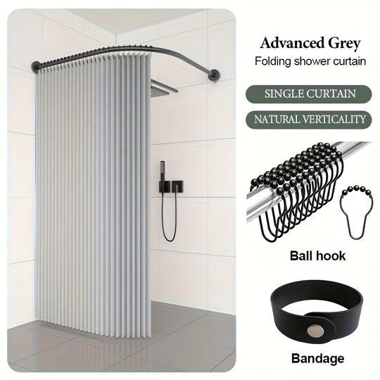 Grey Shower Curtain - Space-Saving Foldable Bathroom Curtain with Hooks & Storage Straps, Curved Design for Privacy - Easy-Clean Polyester Fabric, Ideal for Small Bathrooms & Contemporary Decor, Minimalist Aesthetic, Highqual