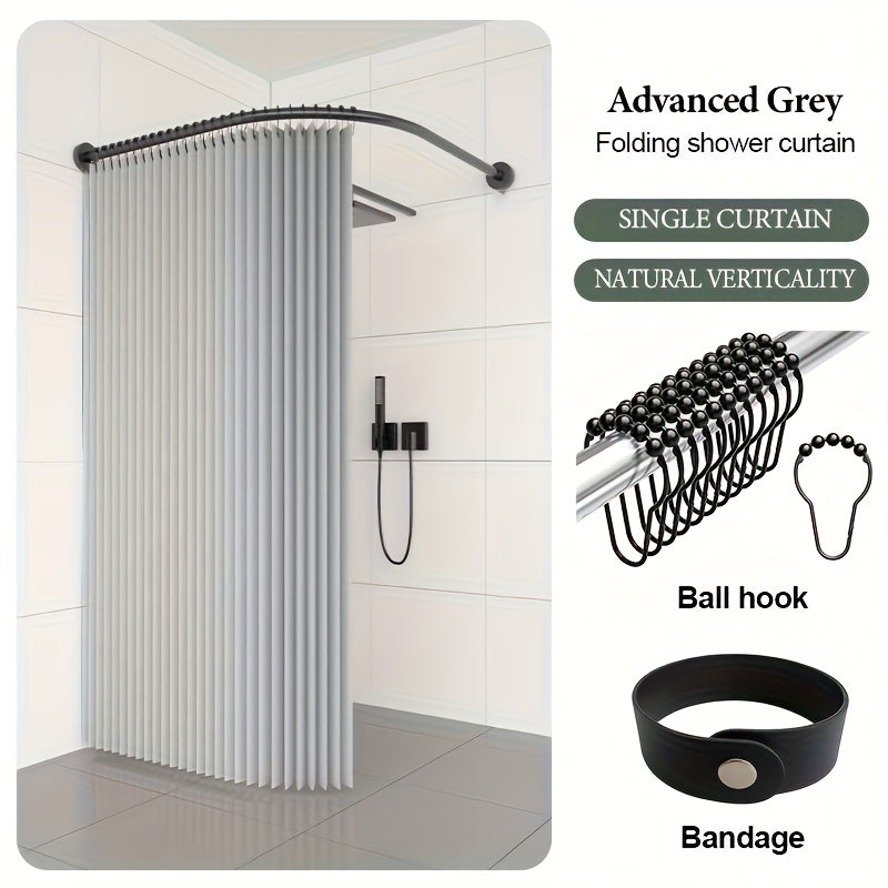 Grey Shower Curtain - Space-Saving Foldable Bathroom Curtain with Hooks & Storage Straps, Curved Design for Privacy - Easy-Clean Polyester Fabric, Ideal for Small Bathrooms & Contemporary Decor, Minimalist Aesthetic, Highqual