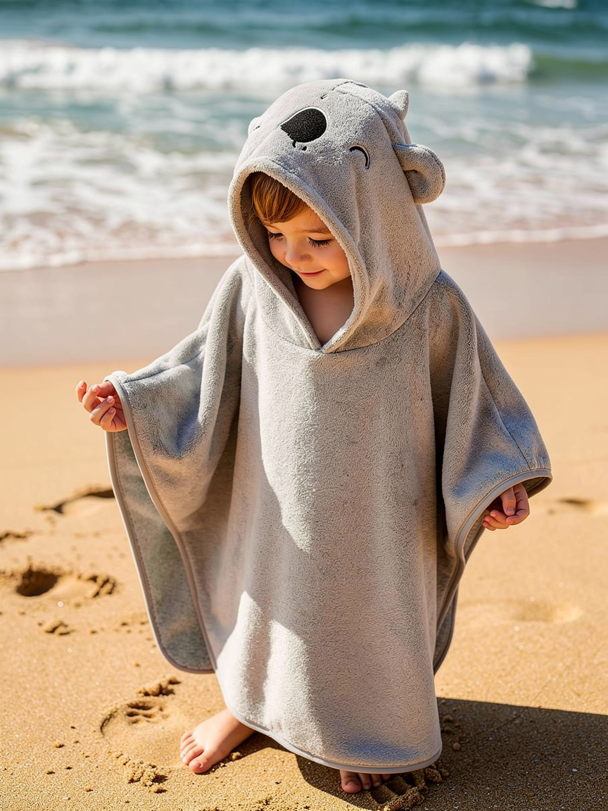 Child wearing the grey koala hooded towel poncho on the beach – ShowerNest Australia