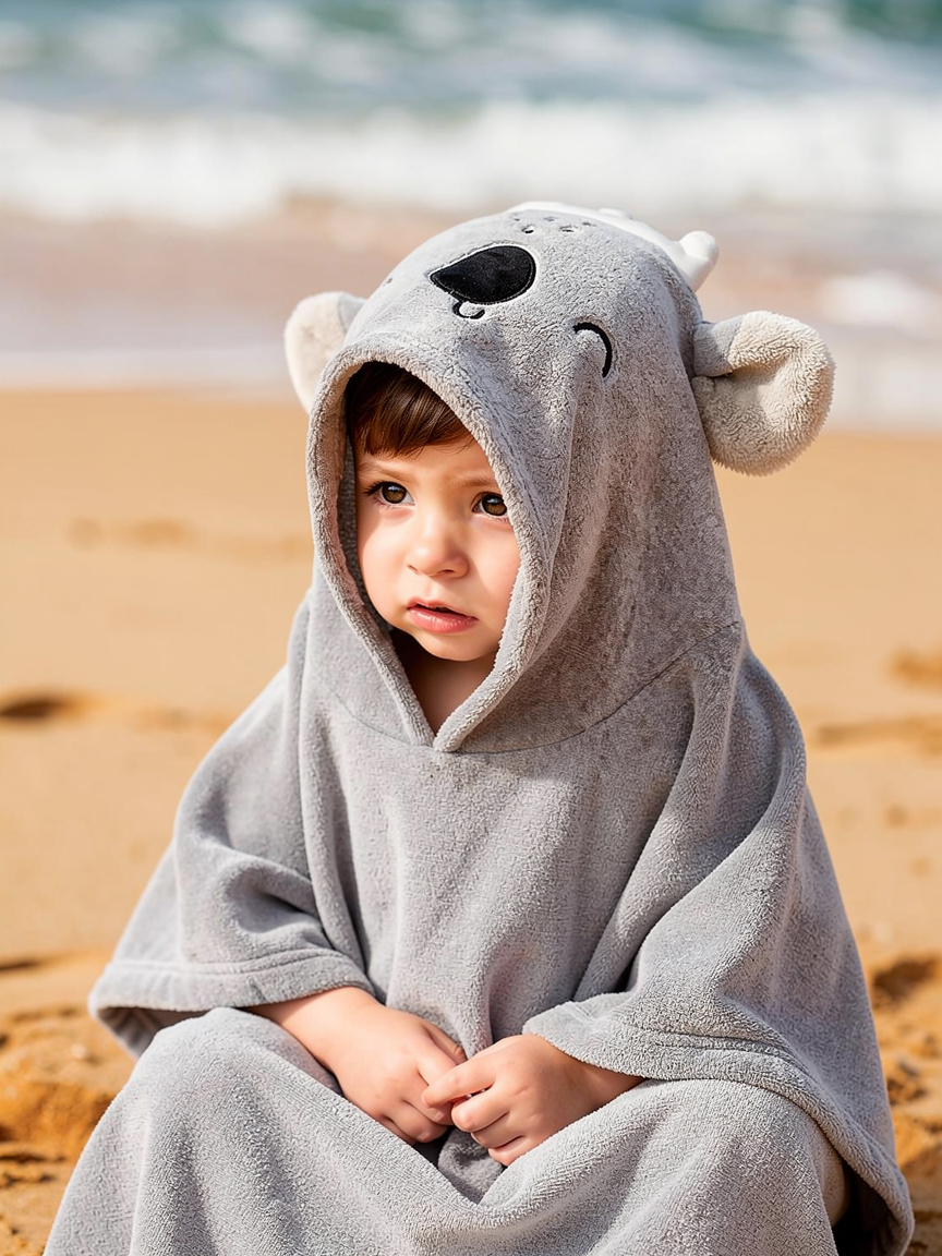 Toddler in a grey koala hooded towel poncho on the beach – ShowerNest Australia