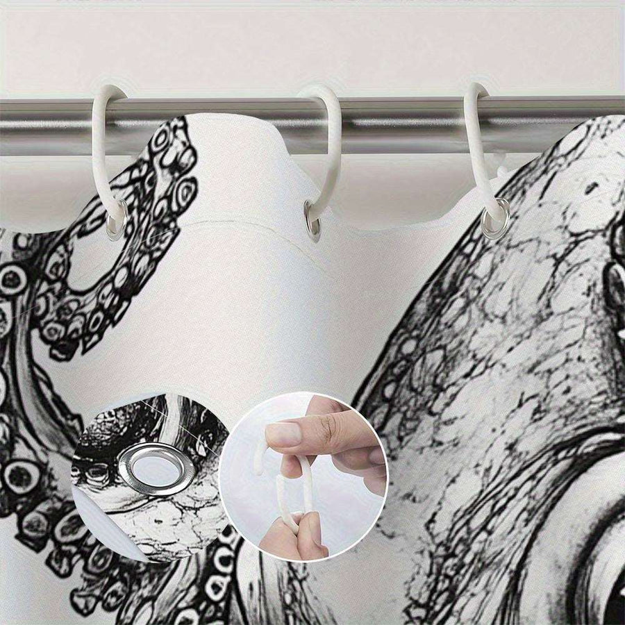 White Shower Curtain – Octopus Black & White Ink Design