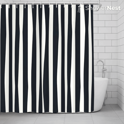1pc Black and White Striped Shower Curtain - Elegant Polyester Bathroom Decor, No-Drill Hooks, Machine Washable, Ultra-Wide Floral Design for Modern Bathrooms, Bathroom Decor And Accessories, Easy Installation, Minimalist Sty