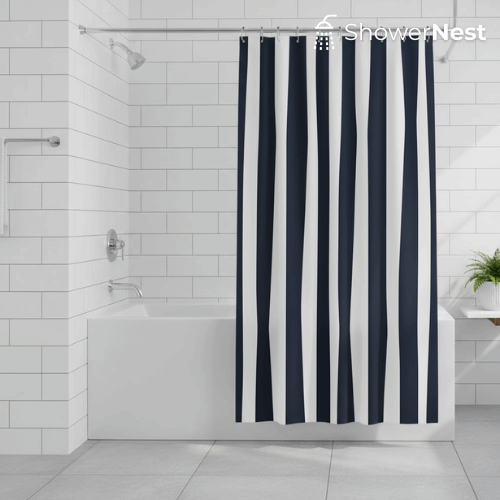 1pc Black and White Striped Shower Curtain - Elegant Polyester Bathroom Decor, No-Drill Hooks, Machine Washable, Ultra-Wide Floral Design for Modern Bathrooms, Bathroom Decor And Accessories, Easy Installation, Minimalist Sty