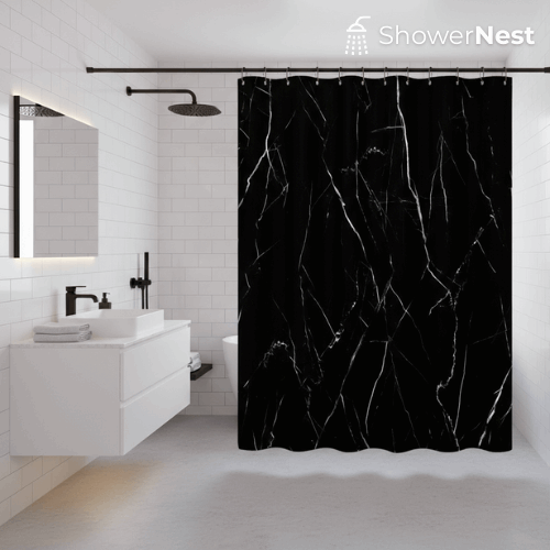 1pc Modern Luxury Shower Curtain - Elegant Black Marble Pattern with Hooks, High Quality Bathroom Decor - Machine Washable Polyester Curtain for Bathroom, Spa, Hotel - Marble Veining Design, Spa-Like Experience, Luxury Home D