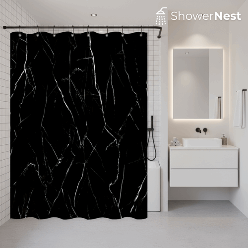 1pc Modern Luxury Shower Curtain - Elegant Black Marble Pattern with Hooks, High Quality Bathroom Decor - Machine Washable Polyester Curtain for Bathroom, Spa, Hotel - Marble Veining Design, Spa-Like Experience, Luxury Home D