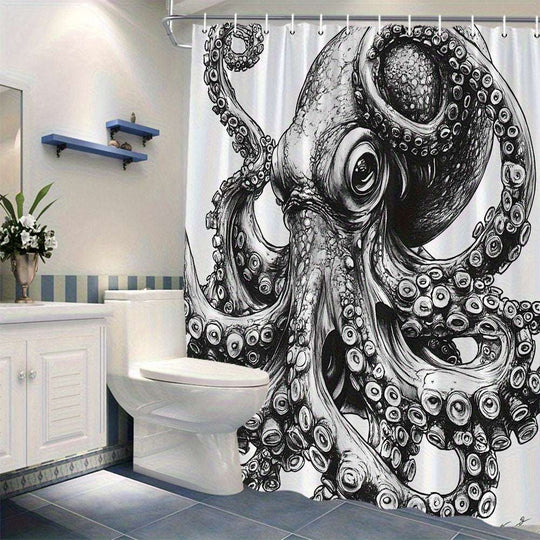 White Shower Curtain – Octopus Black & White Ink Design