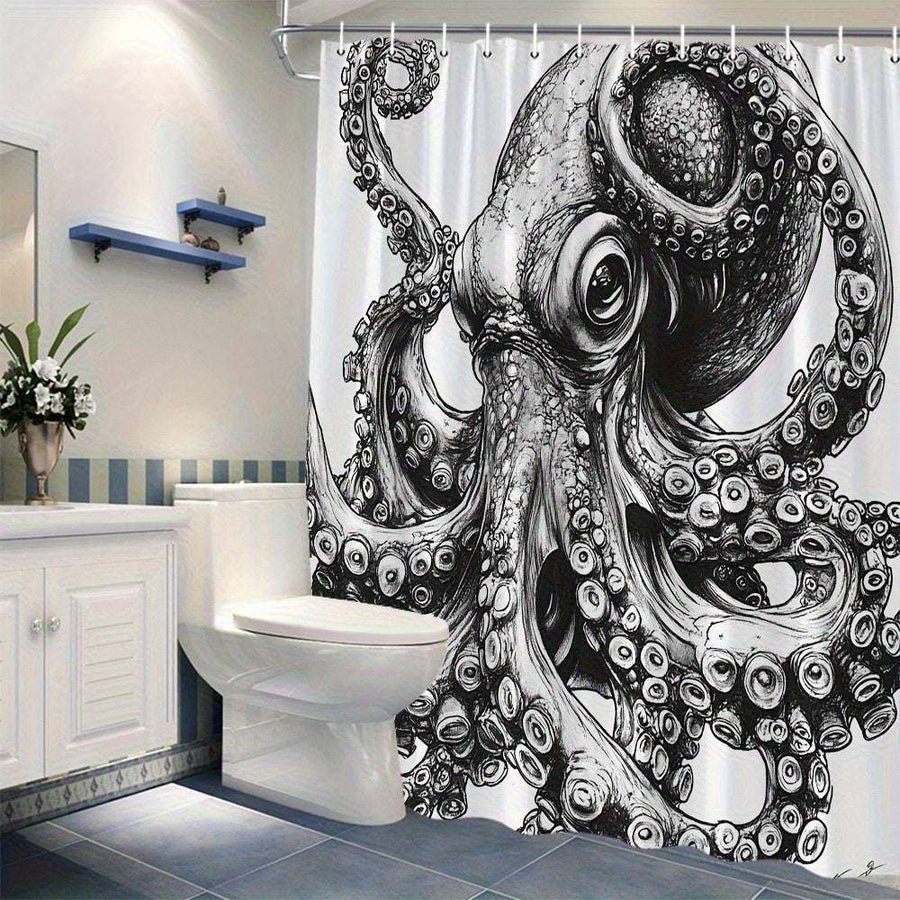 White Shower Curtain – Octopus Black & White Ink Design