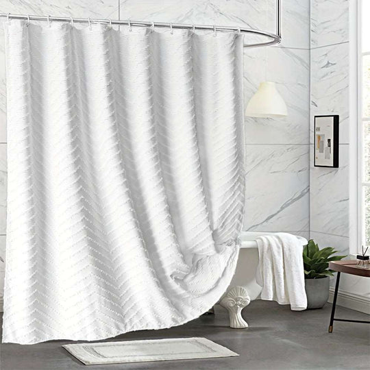 White Extra Long Shower Curtain – Bohemian Tufted Striped