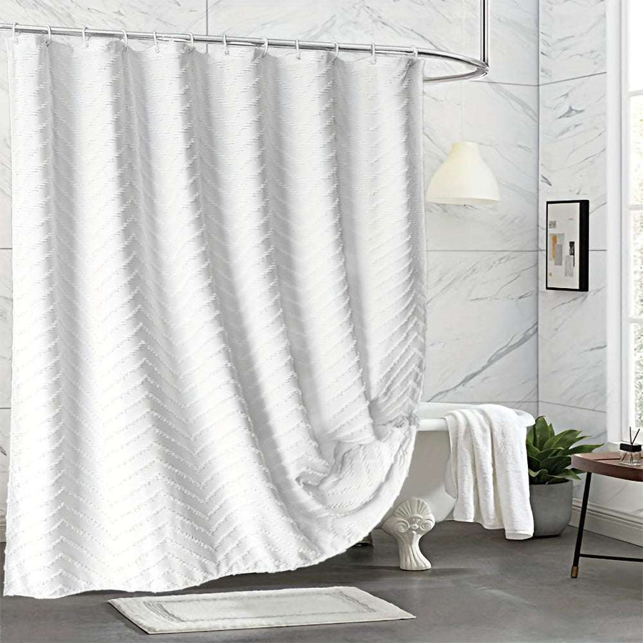 White Extra Long Shower Curtain – Bohemian Tufted Striped
