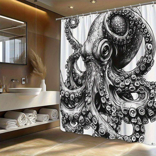White Shower Curtain – Octopus Black & White Ink Design