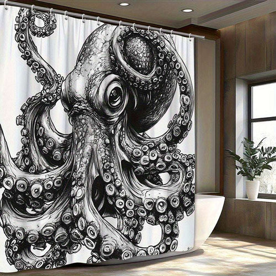 White Shower Curtain – Octopus Black & White Ink Design