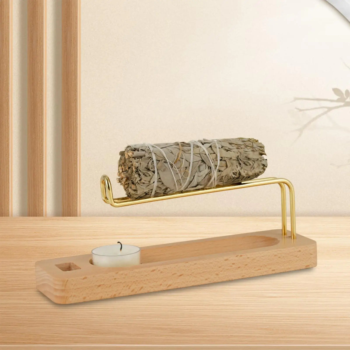 Wooden palo santo and sage holder with brass stand main photo – ShowerNest Australia