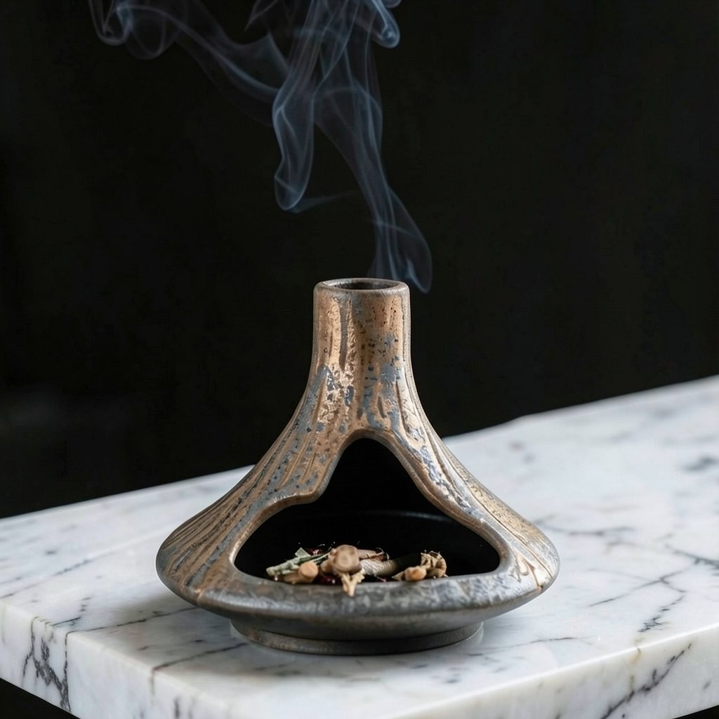 Ceramic incense burner with smoke rising on a marble bathroom vanity, relaxing home spa ritual — ShowerNest Australia