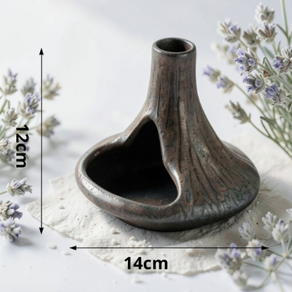 Close-up of the deep ceramic ash-catching base dish with loose incense blend — ShowerNest Australia