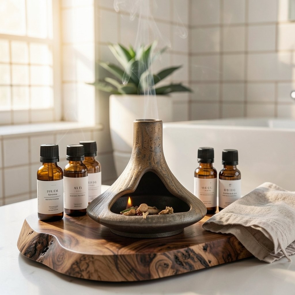 Top-down view of the ceramic incense burner chimney top channeling aromatherapy smoke — ShowerNest Australia