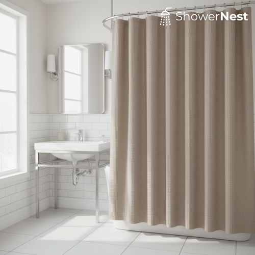 Beige Extra Long Shower Curtain – Waffle Jacquard Design | ShowerNest