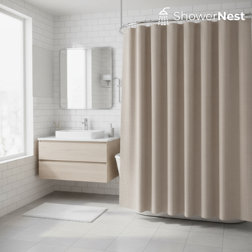 Beige Extra Long Shower Curtain – Waffle Jacquard Design | ShowerNest