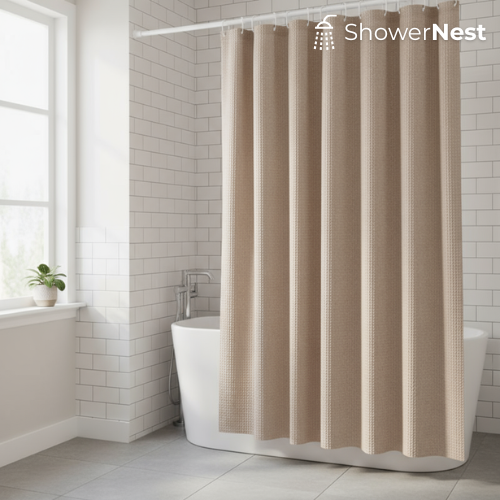 Beige Extra Long Shower Curtain – Waffle Jacquard Design | ShowerNest