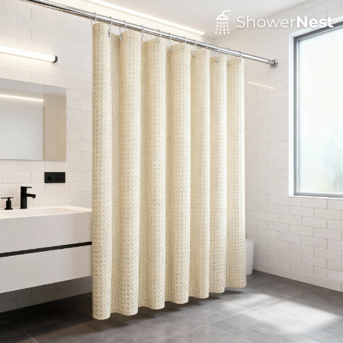 Beige Yellow Extra Long Shower Curtain – Waffle Jacquard Design