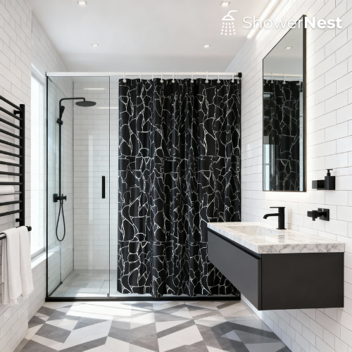 Black and Silver Shower Curtain – Geometric Polyester Design showernest Australia