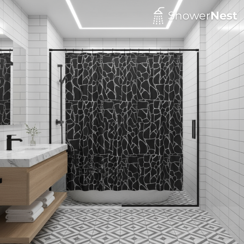 Black and Silver Shower Curtain – Geometric Polyester Design